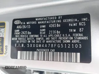 2015 Kia Optima LX with VIN 5XXGM4A78FG512103, listed as a IAAI auction lot 42144352 with 91,268 mi miles and . Bid and sale history available at carsss.com. Image 9.