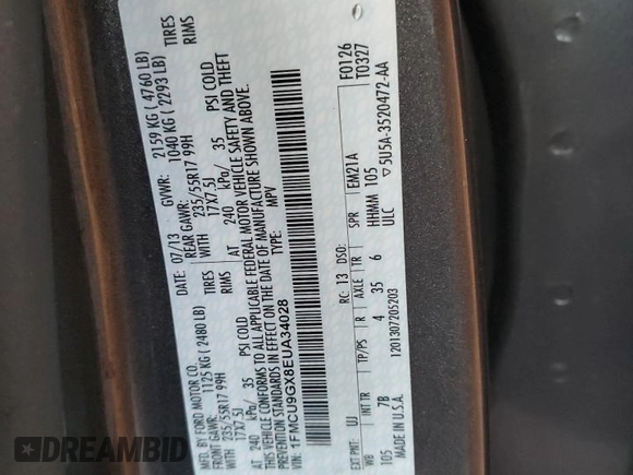 2014 Ford Escape SE with VIN 1FMCU9GX8EUA34028, listed as a Copart auction lot 86412394 with Not Provided miles and Salvage Title. Bid and sale history available at DreamBid. Image 13.
