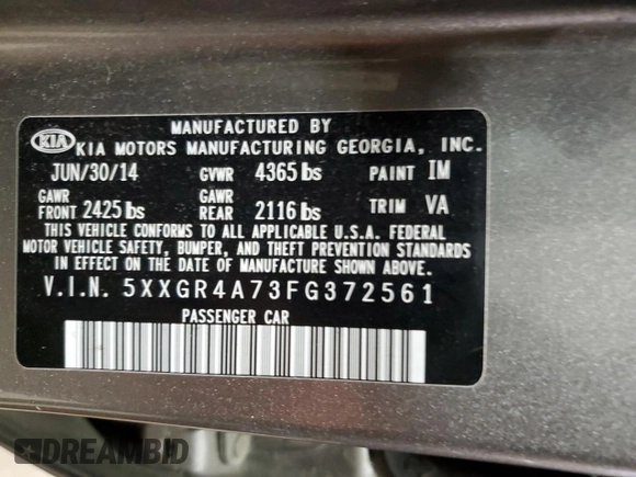 2015 Kia Optima SX with VIN 5XXGR4A73FG372561, listed as a Copart auction lot 59552575 with 144,546 mi miles and Salvage title. Bid and sale history available at DreamBid. Image 13.