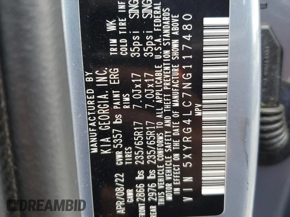 2022 Kia Sorento LX with VIN 5XYRG4LC7NG117480, listed as a Copart auction lot 56733595 with 84,158 mi miles and Salvage title. Bid and sale history available at DreamBid. Image 13.