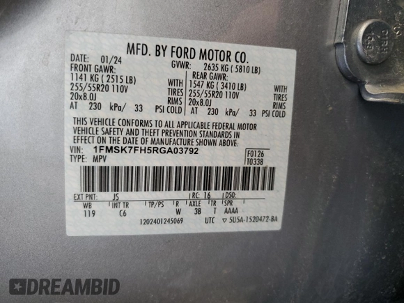 2024 Ford Explorer Limited with VIN 1FMSK7FH5RGA03792, listed as a Copart auction lot 50041485 with 37,556 mi miles and Salvage Title. Bid and sale history available at carsss.com. Image 14.
