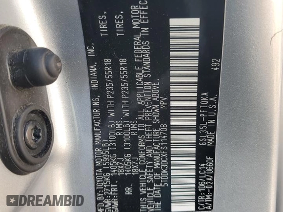 2015 Toyota Sienna Limited with VIN 5TDDK3DCXFS114708, listed as a Copart auction lot 55411465 with Not Provided miles and Salvage Title. Bid and sale history available at DreamBid. Image 14.