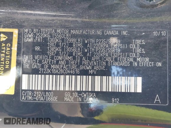 2011 Lexus RX 350 with VIN 2T2ZK1BA2BC044616, listed as a IAAI auction lot 41278793 with 236,407 mi miles and . Bid and sale history available at DreamBid. Image 9.