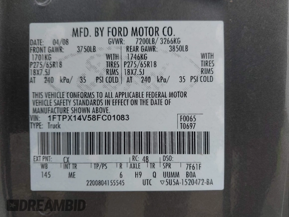 2008 Ford F-150 XLT with VIN 1FTPX14V58FC01083, listed as a IAAI auction lot 41998213 with 120,173 mi miles. Bid and sale history available at carsss.com. Image 9.