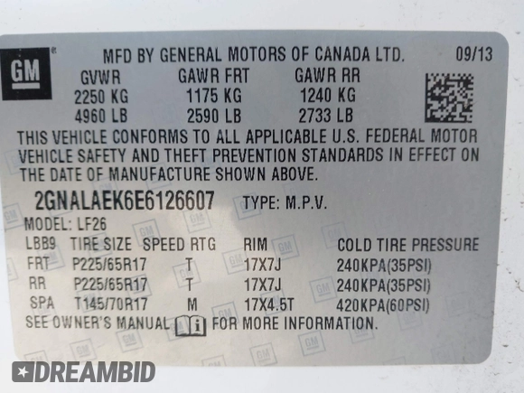 2014 Chevrolet Equinox LS with VIN 2GNALAEK6E6126607, listed as a IAAI auction lot 41992076 with 123,152 mi miles. Bid and sale history available at carsss.com. Image 9.