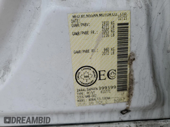 2015 Nissan Altima SL with VIN 1N4AL3AP4FN399599, listed as a Copart auction lot 52492965 with 303,515 mi miles and Clean Title. Bid and sale history available at DreamBid. Image 13.
