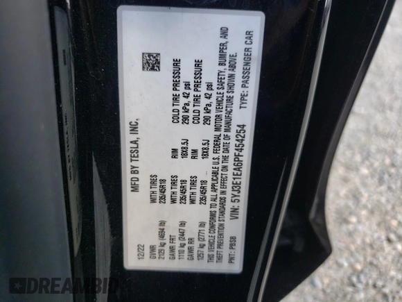 2023 Tesla Model 3 with VIN 5YJ3E1EA6PF454254, listed as a Copart auction lot 56881355 with 30,327 mi miles and Salvage title. Bid and sale history available at DreamBid. Image 12.