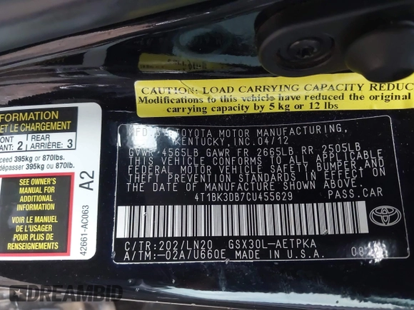 2012 Toyota Avalon z VIN 4T1BK3DB7CU455629, wystawiony jako IAAI lot #41794471 z przebiegiem 294 337 mil mil oraz . Historia ofert i sprzedaży dostępna na DreamBid. Obrazek 9.