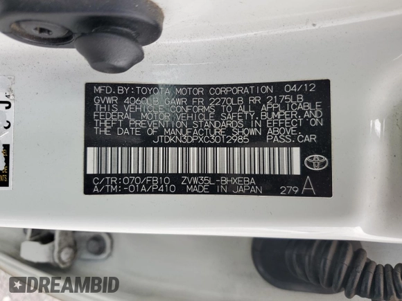 2012 Toyota Prius с VIN JTDKN3DPXC3012985, выставлен на аукционе Copart как лот 54758125 с пробегом 246 860 миль миль и Списание • Salvage title. История ставок и продаж доступна на DreamBid. Изображение 13.