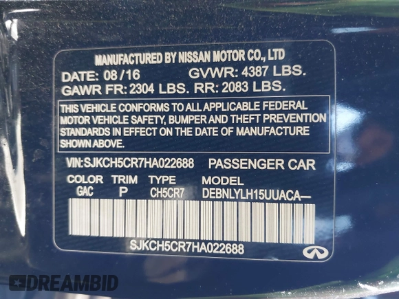 2017 Infiniti QX30 Premium with VIN SJKCH5CR7HA022688, listed as a IAAI auction lot 41883348 with 87,419 mi miles and . Bid and sale history available at DreamBid. Image 9.