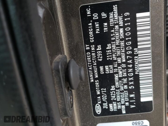 2013 Kia Optima EX with VIN 5XXGN4A79DG100119, listed as a Copart auction lot 60609565 with 132,181 mi miles and Clean title. Bid and sale history available at DreamBid. Image 12.