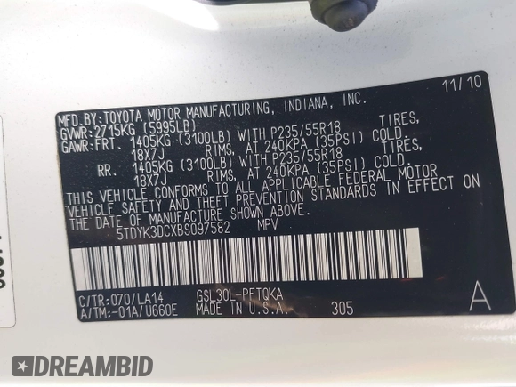 2011 Toyota Sienna XLE AAS with VIN 5TDYK3DCXBS097582, listed as a IAAI auction lot 42233594 with 226,902 mi miles and . Bid and sale history available at DreamBid. Image 9.