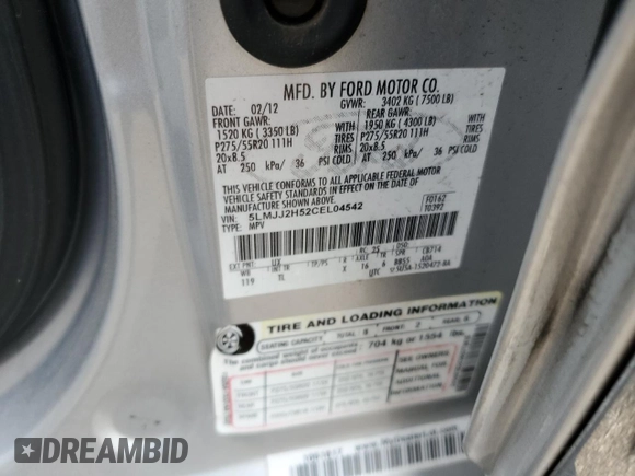 2012 Lincoln Navigator with VIN 5LMJJ2H52CEL04542, listed as a Copart auction lot 62708385 with 84,192 mi miles and Salvage title. Bid and sale history available at DreamBid. Image 13.