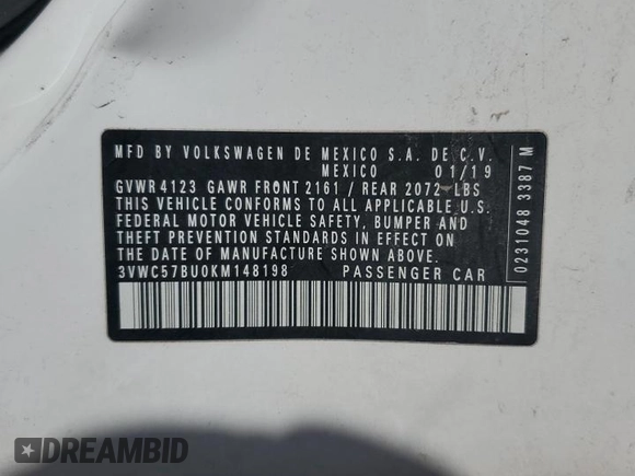 2019 Volkswagen Jetta S с VIN 3VWC57BU0KM148198, выставлен на аукционе Copart как лот 57138535 с пробегом 99 193 миль миль и На запчасти • Non repairable. История ставок и продаж доступна на DreamBid. Изображение 12.
