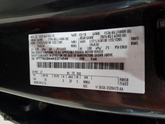 2019 Ford F-250 XL with VIN 1FT7W2B64KED74546, listed as a Copart auction lot 59730545 with 85,119 mi miles and Salvage title. Bid and sale history available at DreamBid. Image 12.