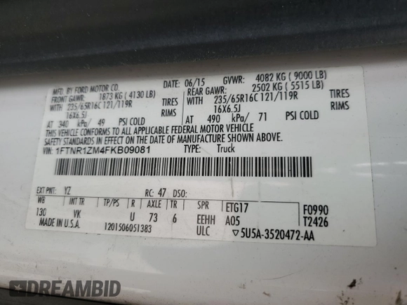 2015 Ford Transit Cargo с VIN 1FTNR1ZM4FKB09081, выставлен на аукционе Copart как лот 58223655 с пробегом 158 327 миль миль и Списание • Salvage title. История ставок и продаж доступна на DreamBid. Изображение 12.