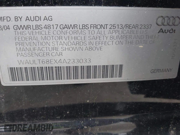 2004 Audi A4 3.0L with VIN WAULT68EX4A233033, listed as a IAAI auction lot 42541208 with 121,539 mi miles and . Bid and sale history available at DreamBid. Image 9.