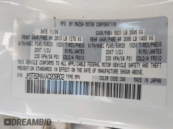 2010 Mazda CX-9 Grand Touring with VIN JM3TB2MAXA0209602, listed as a IAAI auction lot 42412953 with 158,076 mi miles and . Bid and sale history available at DreamBid. Image 9.