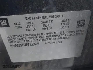 2015 Chevrolet Cruze LS with VIN 1G1PA5SH4F7150620, listed as a IAAI auction lot 41110009 with 77,494 mi miles. Bid and sale history available at carsss.com. Image 9.