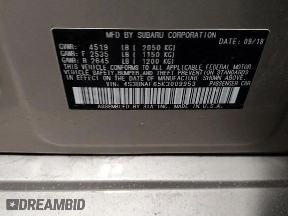 2019 Subaru Legacy Premium with VIN 4S3BNAF65K3009953, listed as a Copart auction lot 85292914 with 84,558 mi miles and Salvage title. Bid and sale history available at DreamBid. Image 12.
