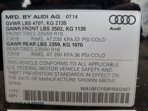 2015 Audi Q3 Premium Plus z VIN WA1BFCFS9FR002457, wystawiony jako Copart lot #87422994 z przebiegiem 135 890 mil mil oraz Szkoda całkowita • Salvage title. Historia ofert i sprzedaży dostępna na DreamBid. Obrazek 14.