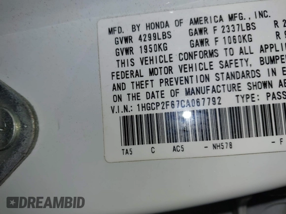 2012 Honda Accord SE z VIN 1HGCP2F67CA067792, wystawiony jako IAAI lot #42193036 z przebiegiem 151 332 mil mil oraz . Historia ofert i sprzedaży dostępna na DreamBid. Obrazek 9.