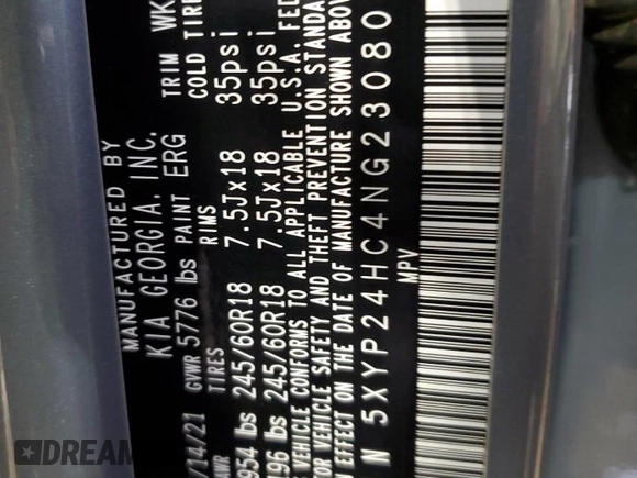 2022 Kia Telluride LX with VIN 5XYP24HC4NG230804, listed as a Copart auction lot 55994425 with 97,397 mi miles and Salvage title. Bid and sale history available at DreamBid. Image 13.