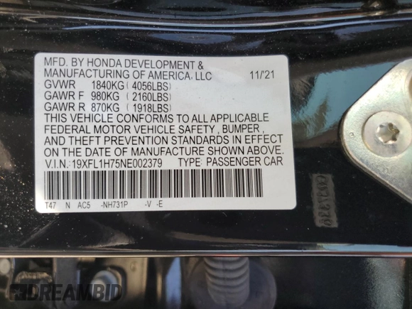 2022 Honda Civic EX-L z VIN 19XFL1H75NE002379, wystawiony jako Copart lot #54178595 z przebiegiem 15 233 mil mil oraz Szkoda całkowita • Salvage title. Historia ofert i sprzedaży dostępna na DreamBid. Obrazek 13.