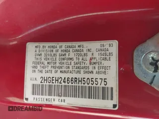 1994 Honda Civic z VIN 2HGEH2466RH505575, wystawiony jako IAAI lot #42147290 z przebiegiem Nie podano mil oraz . Historia ofert i sprzedaży dostępna na DreamBid. Obrazek 9.