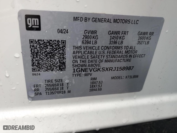2024 Chevrolet Traverse AWD LT with VIN 1GNEVGKSXRJ158987, listed as a Copart auction lot 47636005 with 14,011 mi miles and Clean Title. Bid and sale history available at carsss.com. Image 13.