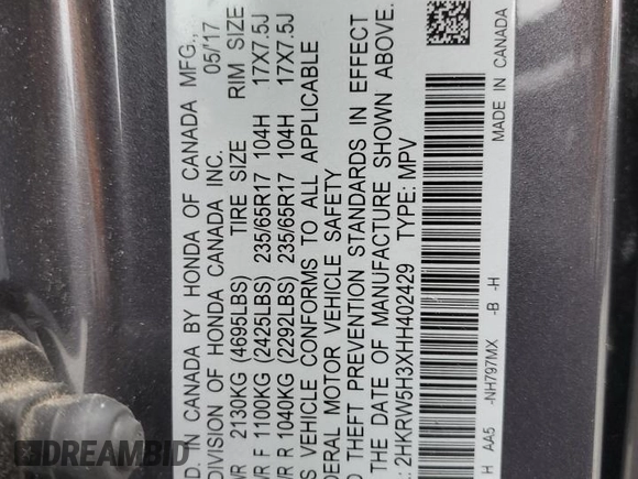 2017 Honda CR-V LX z VIN 2HKRW5H3XHH402429, wystawiony jako Copart lot #57440845 z przebiegiem 17 617 mil mil oraz Szkoda całkowita • Salvage title. Historia ofert i sprzedaży dostępna na DreamBid. Obrazek 13.