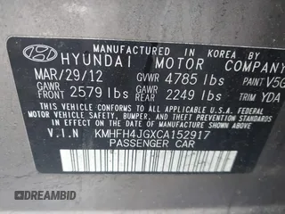 2012 Hyundai Azera with VIN KMHFH4JGXCA152917, listed as a IAAI auction lot 42278803 with 98,890 mi miles and . Bid and sale history available at DreamBid. Image 9.