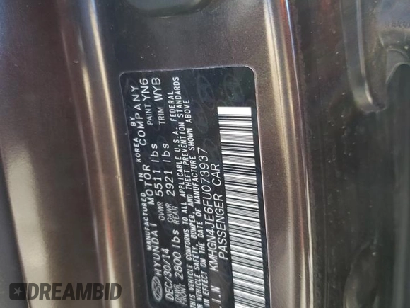 2015 Hyundai Genesis 3.8L with VIN KMHGN4JE6FU073937, listed as a Copart auction lot 55221414 with 51,771 mi miles and Salvage Title. Bid and sale history available at carsss.com. Image 12.