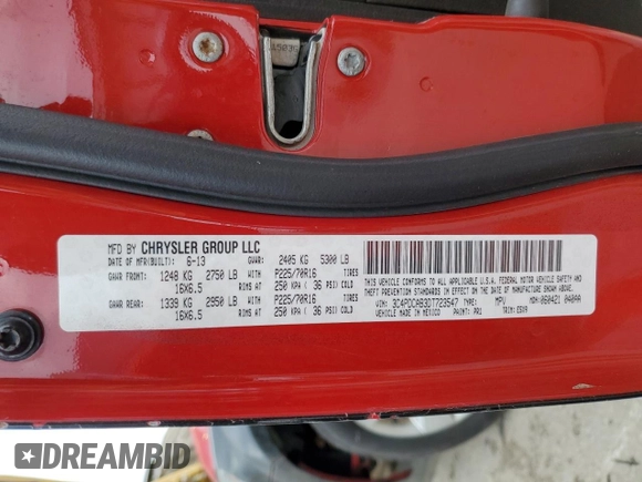 2013 Dodge Journey SE with VIN 3C4PDCAB3DT723547, listed as a Copart auction lot 48140495 with 159,979 mi miles and Salvage title. Bid and sale history available at DreamBid. Image 15.
