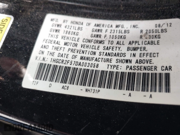 2013 Honda Accord Sport with VIN 1HGCR2F57DA003058, listed as a IAAI auction lot 41904056 with 242,897 mi miles and . Bid and sale history available at DreamBid. Image 9.