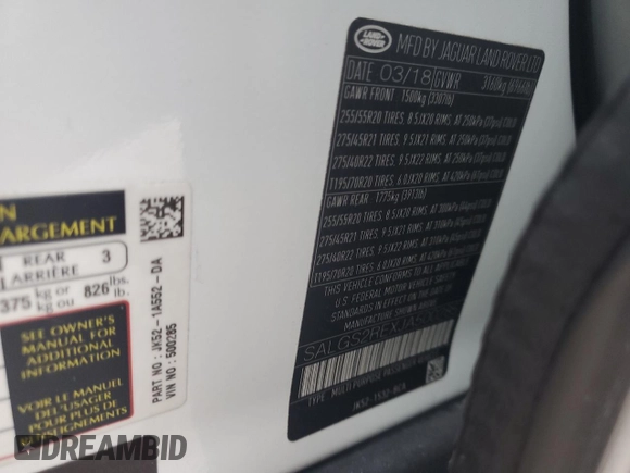 2018 Land Rover Range Rover with VIN SALGS2REXJA500285, listed as a Copart auction lot 46213465 with 44,603 mi miles and Salvage title. Bid and sale history available at DreamBid. Image 13.