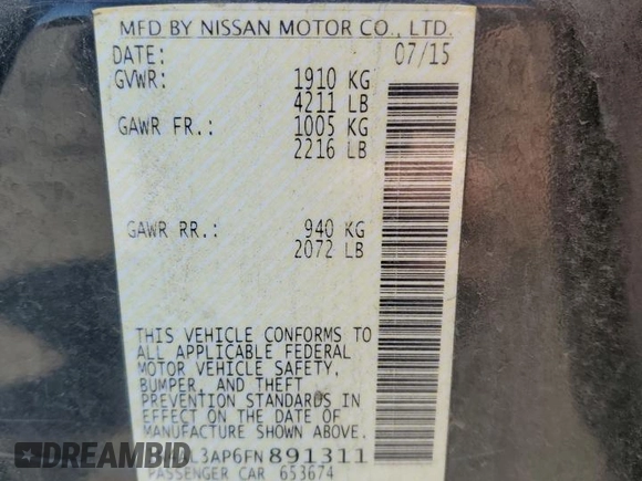 2015 Nissan Altima SL with VIN 1N4AL3AP6FN891311, listed as a Copart auction lot 58098675 with 123,761 mi miles and Salvage title. Bid and sale history available at DreamBid. Image 13.