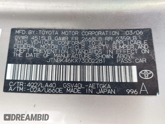 2007 Toyota Camry LE with VIN JTNBK46KX73002281, listed as a IAAI auction lot 42192098 with 217,673 mi miles and . Bid and sale history available at DreamBid. Image 9.