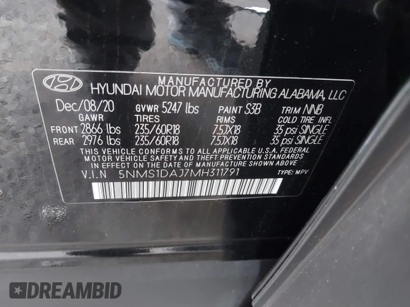 2021 Hyundai Santa Fe SE with VIN 5NMS1DAJ7MH311791, listed as a IAAI auction lot 40483862 with 1 mi miles. Bid and sale history available at carsss.com. Image 9.
