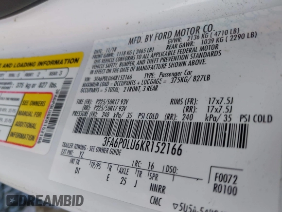 2019 Ford Fusion SE with VIN 3FA6P0LU6KR152166, listed as a IAAI auction lot 42086365 with 158,557 mi miles and . Bid and sale history available at DreamBid. Image 9.