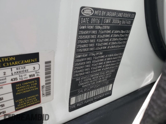2016 Land Rover Range Rover Sport SE with VIN SALWG2PF0GA117795, listed as a Copart auction lot 59638445 with 90,445 mi miles and Salvage title. Bid and sale history available at DreamBid. Image 13.