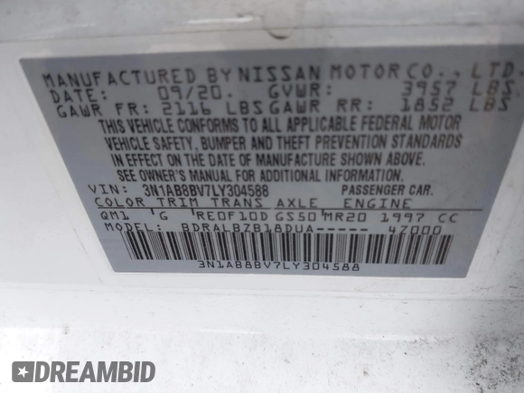 2020 Nissan Sentra S with VIN 3N1AB8BV7LY304588, listed as a IAAI auction lot 41895069 with 47,163 mi miles. Bid and sale history available at carsss.com. Image 9.