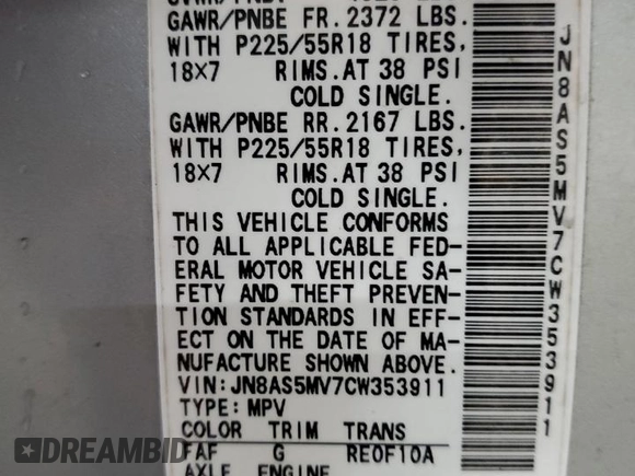 2012 Nissan Rogue S with VIN JN8AS5MV7CW353911, listed as a Copart auction lot 51805615 with 149,817 mi miles and Salvage Title. Bid and sale history available at DreamBid. Image 13.