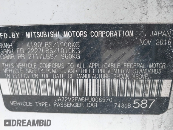 2017 Mitsubishi Lancer ES with VIN JA32V2FW8HU006570, listed as a IAAI auction lot 41366177 with 138,247 mi miles. Bid and sale history available at carsss.com. Image 9.