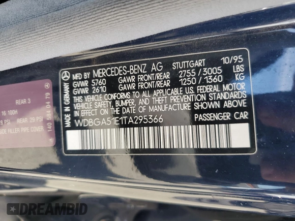 1996 Mercedes-Benz S with VIN WDBGA51E1TA295366, listed as a Copart auction lot 54743804 with 113,054 mi miles and Non Repairable. Bid and sale history available at DreamBid. Image 12.