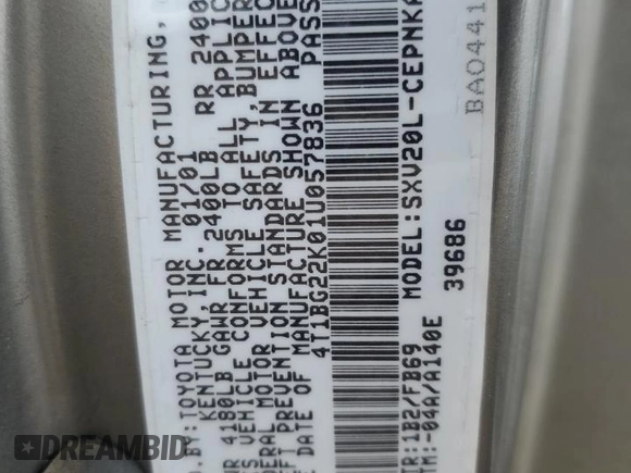 2001 Toyota Camry CE z VIN 4T1BG22K01U057836, wystawiony jako Copart lot #57046325 z przebiegiem 151 882 mil mil oraz Szkoda całkowita • Salvage title. Historia ofert i sprzedaży dostępna na DreamBid. Obrazek 12.