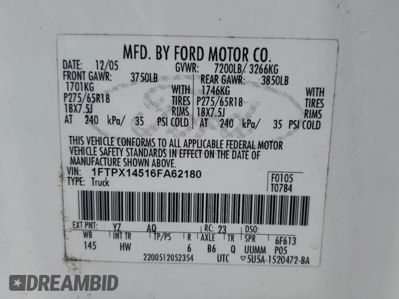 2006 Ford F-150 XLT with VIN 1FTPX14516FA62180, listed as a Copart auction lot 57464285 with 243,375 mi miles and Clean title. Bid and sale history available at DreamBid. Image 12.