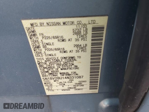 2004 Nissan Quest SE with VIN 5N1BV28U14N331087, listed as a Copart auction lot 79822814 with 190,637 mi miles and Salvage Title. Bid and sale history available at carsss.com. Image 13.