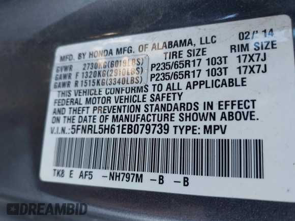 2014 Honda Odyssey EX-L with VIN 5FNRL5H61EB079739, listed as a IAAI auction lot 41659048 with 137,012 mi miles and . Bid and sale history available at carsss.com. Image 9.