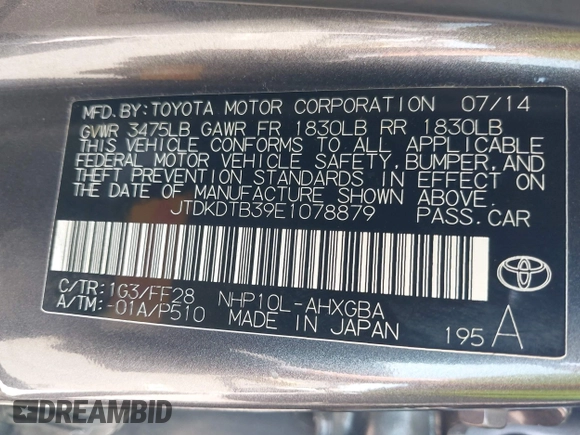 2014 Toyota Prius One z VIN JTDKDTB39E1078879, wystawiony jako IAAI lot #42201010 z przebiegiem 147 544 mil mil oraz . Historia ofert i sprzedaży dostępna na DreamBid. Obrazek 9.